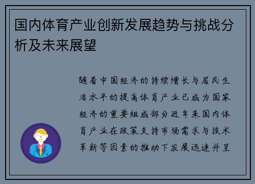 国内体育产业创新发展趋势与挑战分析及未来展望